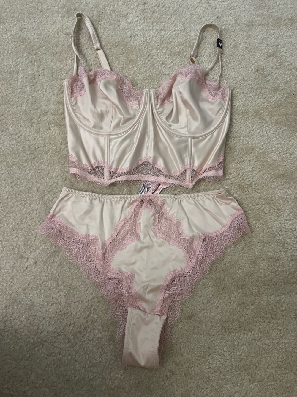 NWT Victoria’s Secret Satin Lace Longline Bra & Bikini Set - Blush Pink